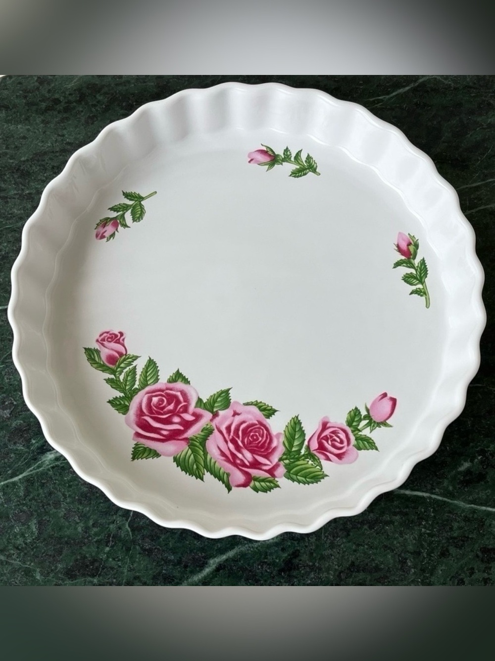 Christineholm Quiche Baking Dish White With Pink Roses.  New In Box.